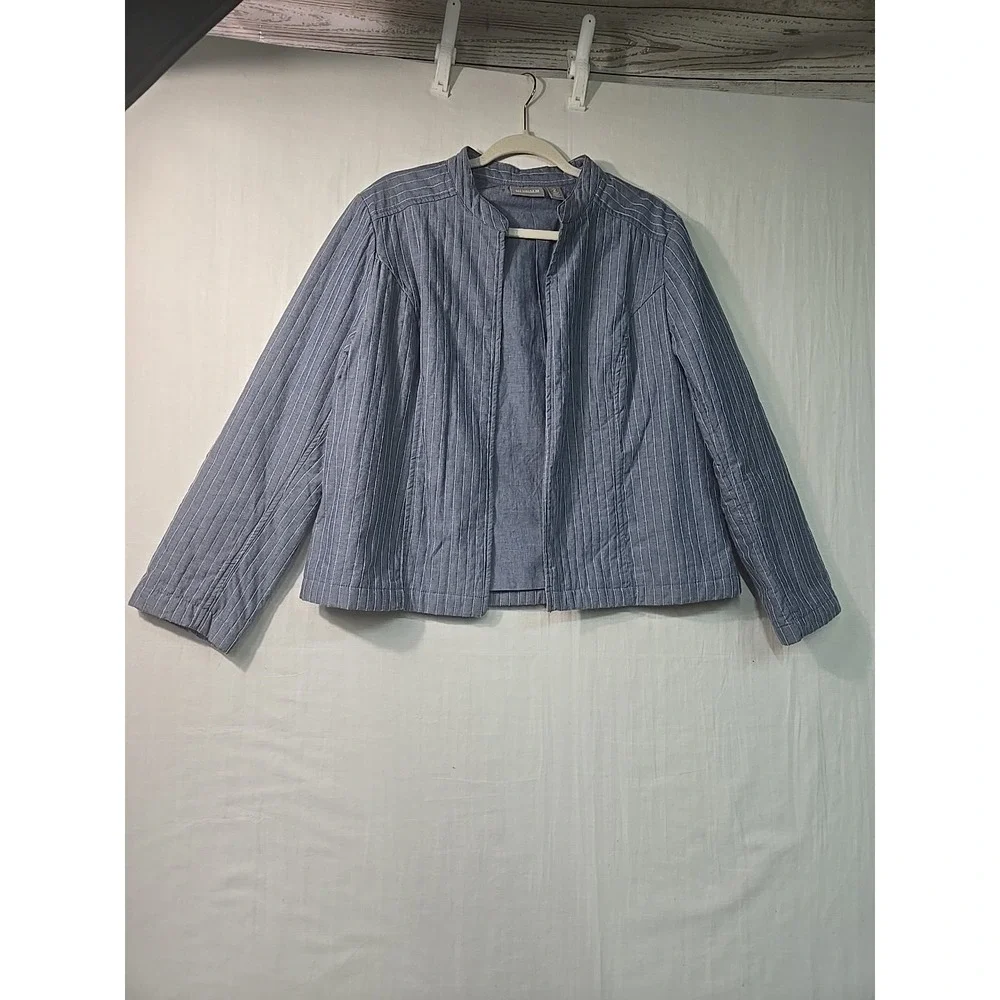 Chico's Chambray Open Front Jacket Women's 2 (L) Blue White Embroidered Stripes‎